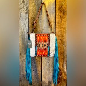 Myra Blaze Rider New Hair On Cowhide Purse Turquoise Fringed